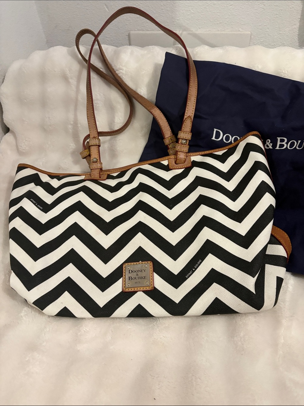 Dooney & Bourke Black and White Chevron Tote with Brown Trim